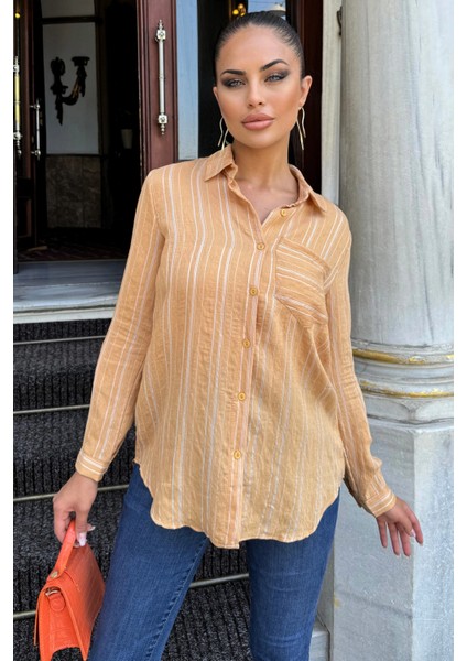 Kadın Karamel Çizgili Desenli, Uzun Kollu, Rahat Kesim, Dokulu Kumaş Gömlek