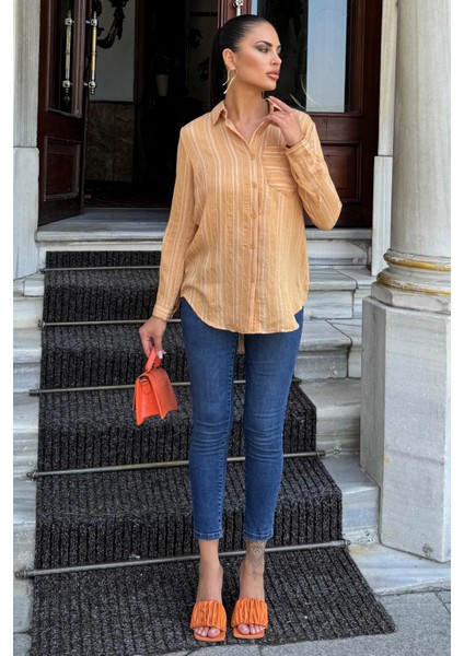 Kadın Karamel Çizgili Desenli, Uzun Kollu, Rahat Kesim, Dokulu Kumaş Gömlek fiyatları