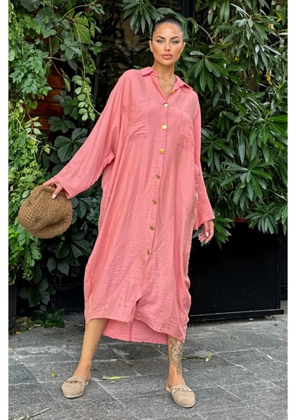 Kadın Gül Kurusu Yarasa Kol, Arkası Pliseli, Çift Cepli, Uzun Oversize Salaş Gömlek Elbise fiyatları