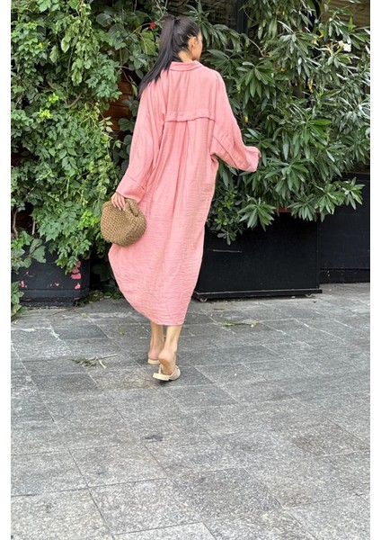 Kadın Gül Kurusu Yarasa Kol, Arkası Pliseli, Çift Cepli, Uzun Oversize Salaş Gömlek Elbise modelleri