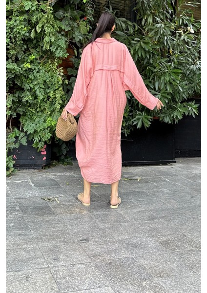 Kadın Gül Kurusu Yarasa Kol, Arkası Pliseli, Çift Cepli, Uzun Oversize Salaş Gömlek Elbise indirimleri