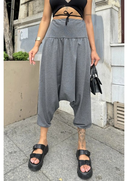 Kadın Antrasit Yüksek Bel, Paçası Lastikli, Salaş Örme Şalvar Pantolon fiyatları