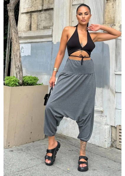 Kadın Antrasit Yüksek Bel, Paçası Lastikli, Salaş Örme Şalvar Pantolon indirimleri