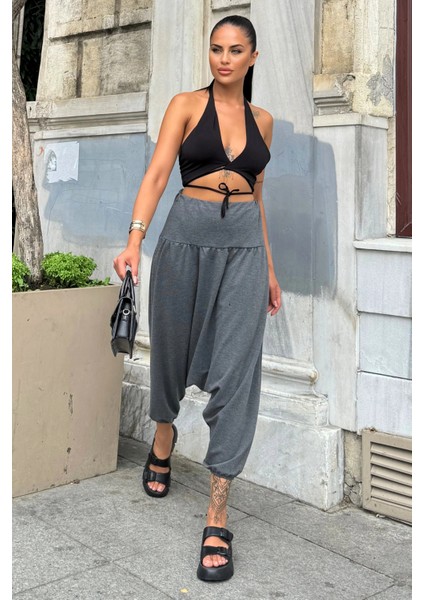 Kadın Antrasit Yüksek Bel, Paçası Lastikli, Salaş Örme Şalvar Pantolon