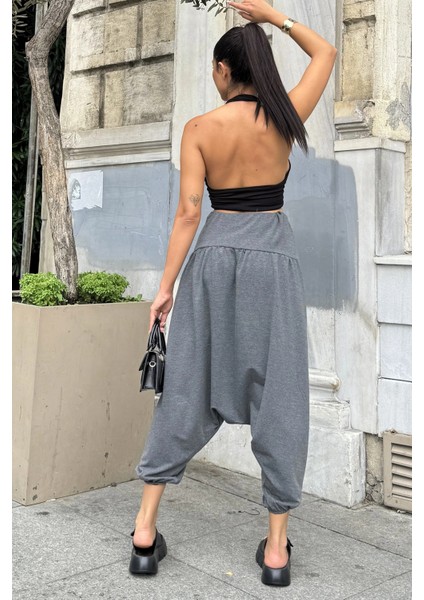 Kadın Antrasit Yüksek Bel, Paçası Lastikli, Salaş Örme Şalvar Pantolon modelleri