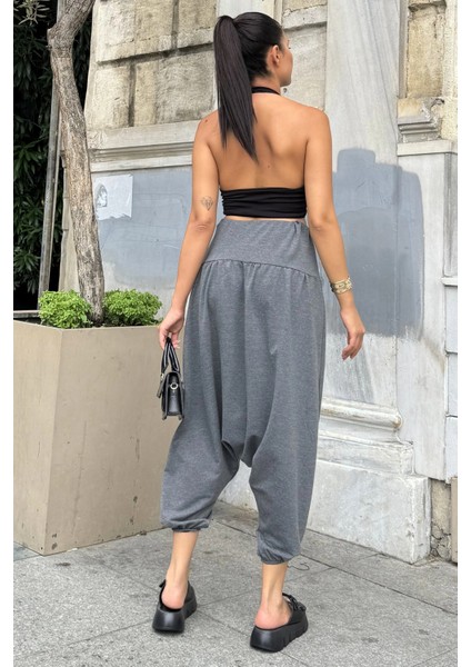 Kadın Antrasit Yüksek Bel, Paçası Lastikli, Salaş Örme Şalvar Pantolon fırsatları