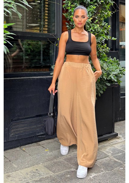 Kadın Karamel Beli Lastikli, Cepli, Bol Paça Özel Kumaş, Rahat Kalıp Pantolon - Tesettüre Uygun