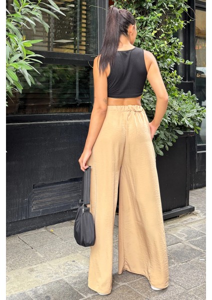 Kadın Karamel Beli Lastikli, Cepli, Bol Paça Özel Kumaş, Rahat Kalıp Pantolon - Tesettüre Uygun fiyatları