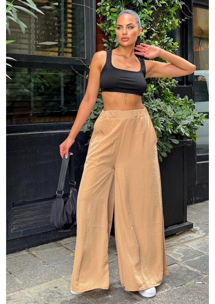 Kadın Karamel Beli Lastikli, Cepli, Bol Paça Özel Kumaş, Rahat Kalıp Pantolon - Tesettüre Uygun indirimleri
