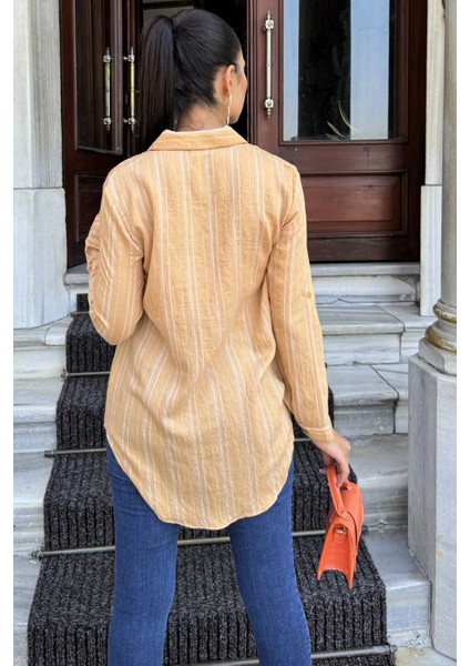 Kadın Karamel Çizgili Desenli, Uzun Kollu, Rahat Kesim, Dokulu Kumaş Gömlek fırsatları