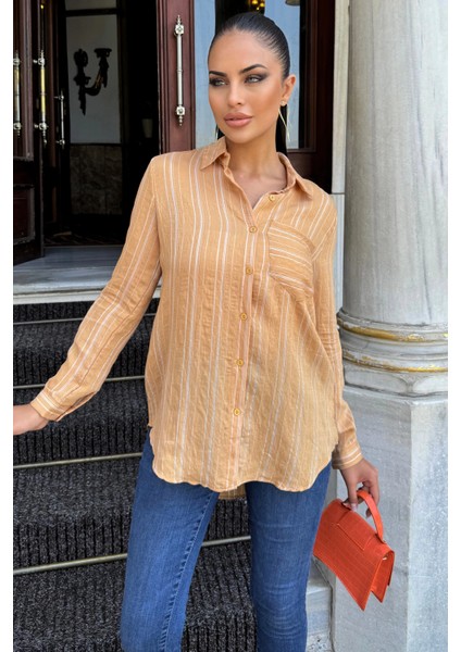 Kadın Karamel Çizgili Desenli, Uzun Kollu, Rahat Kesim, Dokulu Kumaş Gömlek indirimleri