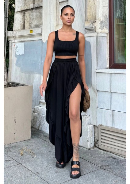 Siyah Bohem Tarz, Yüksel Bel, Derin Yan Yırtmaçlı, Fırfırlı Asimetrik Kesim, Salaş Etek Pantolon
