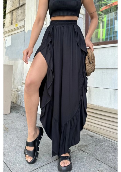 Siyah Bohem Tarz, Yüksel Bel, Derin Yan Yırtmaçlı, Fırfırlı Asimetrik Kesim, Salaş Etek Pantolon fiyatları