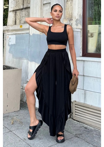 Siyah Bohem Tarz, Yüksel Bel, Derin Yan Yırtmaçlı, Fırfırlı Asimetrik Kesim, Salaş Etek Pantolon modelleri