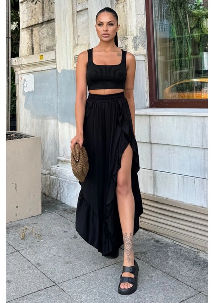 Siyah Bohem Tarz, Yüksel Bel, Derin Yan Yırtmaçlı, Fırfırlı Asimetrik Kesim, Salaş Etek Pantolon fırsatları