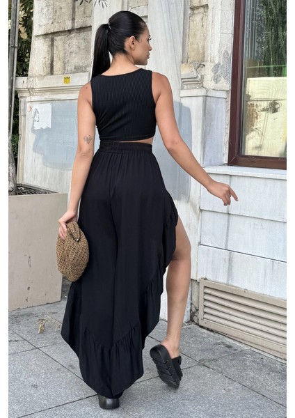 Siyah Bohem Tarz, Yüksel Bel, Derin Yan Yırtmaçlı, Fırfırlı Asimetrik Kesim, Salaş Etek Pantolon indirimleri