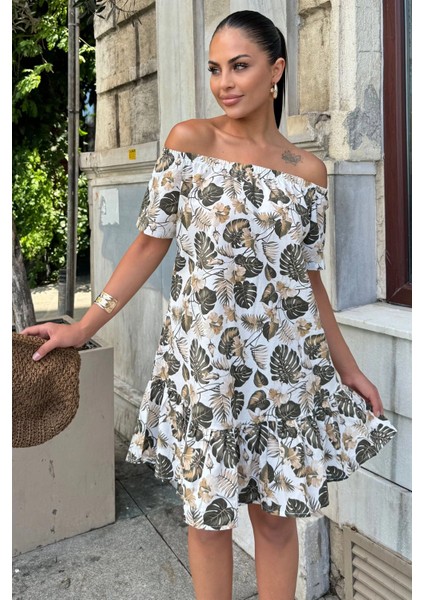 Kadın Haki Tropikal Yaprak Desenli, Omuzları Açık, Ruffle Etekli Yazlık Midi Elbise modelleri