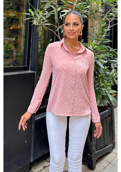 Kadın Pembe Terletmez Ponponlu Özel Kumaş, Fit Kesim, Uzun Kollu Gömlek modelleri