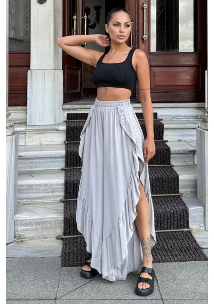 Gri Bohem Tarz, Yüksel Bel, Derin Yan Yırtmaçlı, Fırfırlı Asimetrik Kesim, Salaş Etek Pantolon fiyatları