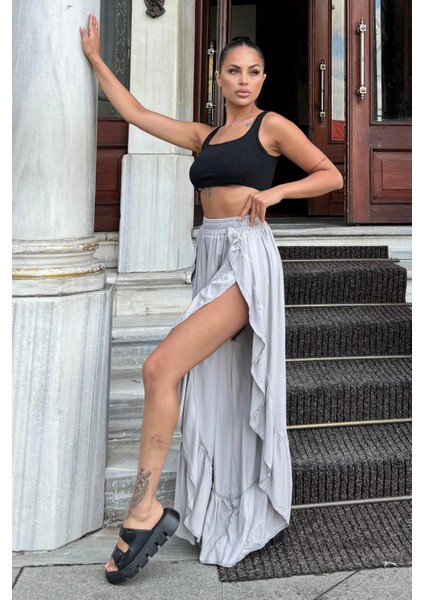 Gri Bohem Tarz, Yüksel Bel, Derin Yan Yırtmaçlı, Fırfırlı Asimetrik Kesim, Salaş Etek Pantolon fırsatları