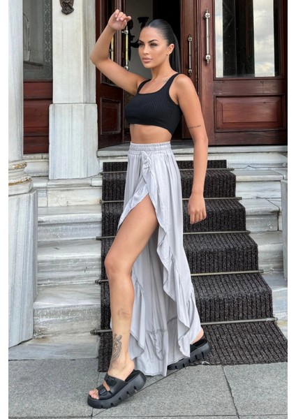 Gri Bohem Tarz, Yüksel Bel, Derin Yan Yırtmaçlı, Fırfırlı Asimetrik Kesim, Salaş Etek Pantolon indirimleri