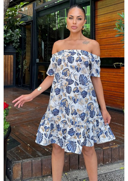 Kadın Lacivert Tropikal Yaprak Desenli, Omuzları Açık, Ruffle Etekli Yazlık Elbise