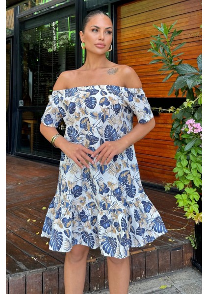 Kadın Lacivert Tropikal Yaprak Desenli, Omuzları Açık, Ruffle Etekli Yazlık Elbise fiyatları
