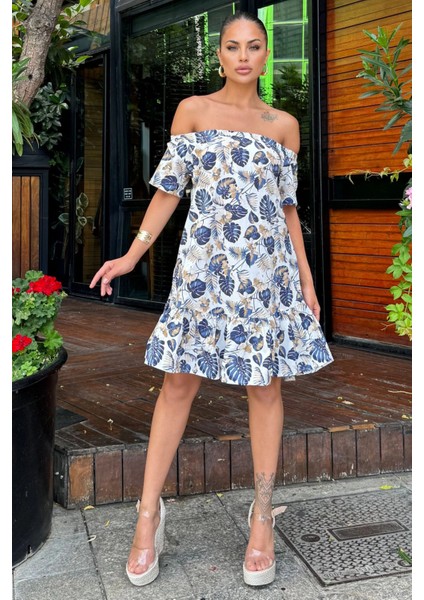 Kadın Lacivert Tropikal Yaprak Desenli, Omuzları Açık, Ruffle Etekli Yazlık Elbise modelleri