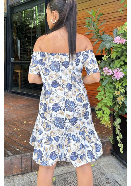 Kadın Lacivert Tropikal Yaprak Desenli, Omuzları Açık, Ruffle Etekli Yazlık Elbise indirimleri