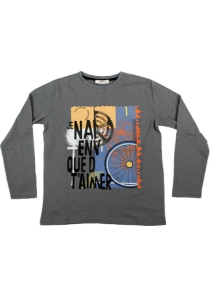 4-14 Yaş Erkek Çocuk Sweat - Shirt Baskılı Uzun Kol Koyu gr Gri 10-11 Yaş
