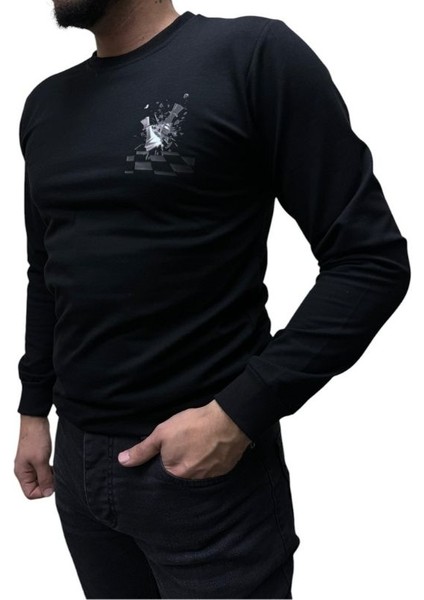 Baskı Desenli 2 Iplik Erkek Sweat - Santranç