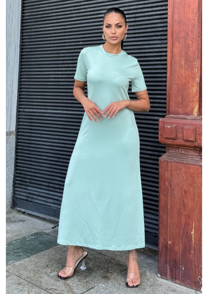 Kadın Mint Kısa Kol, Bisiklet Yaka, Omzu Düğmeli, Çift Yırtmaçlı, Basic Uzun Elbise