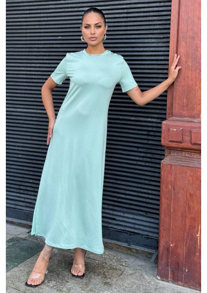 Kadın Mint Kısa Kol, Bisiklet Yaka, Omzu Düğmeli, Çift Yırtmaçlı, Basic Uzun Elbise modelleri