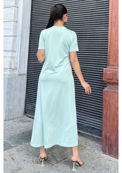 Kadın Mint Kısa Kol, Bisiklet Yaka, Omzu Düğmeli, Çift Yırtmaçlı, Basic Uzun Elbise fırsatları