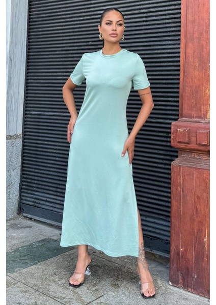 Kadın Mint Kısa Kol, Bisiklet Yaka, Omzu Düğmeli, Çift Yırtmaçlı, Basic Uzun Elbise indirimleri
