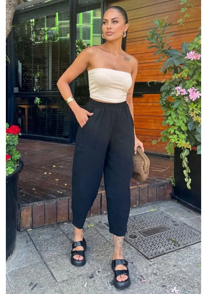 Kadın Siyah Ithal Müslin Kumaş, Beli Lastikli,cepli Rahat Kalıp Pantolon - Tesettüre Uygun