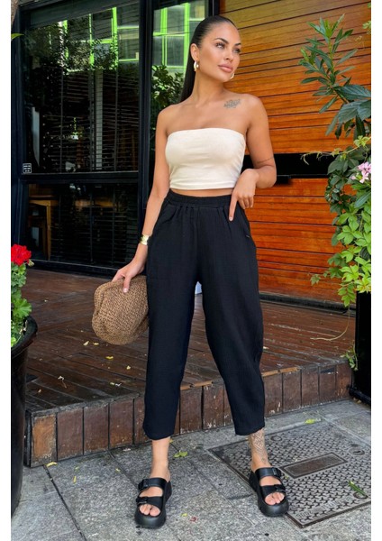 Kadın Siyah Ithal Müslin Kumaş, Beli Lastikli,cepli Rahat Kalıp Pantolon - Tesettüre Uygun fiyatları