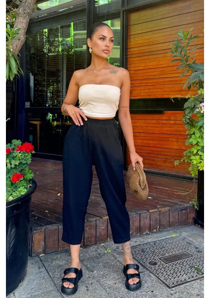 Kadın Siyah Ithal Müslin Kumaş, Beli Lastikli,cepli Rahat Kalıp Pantolon - Tesettüre Uygun fırsatları