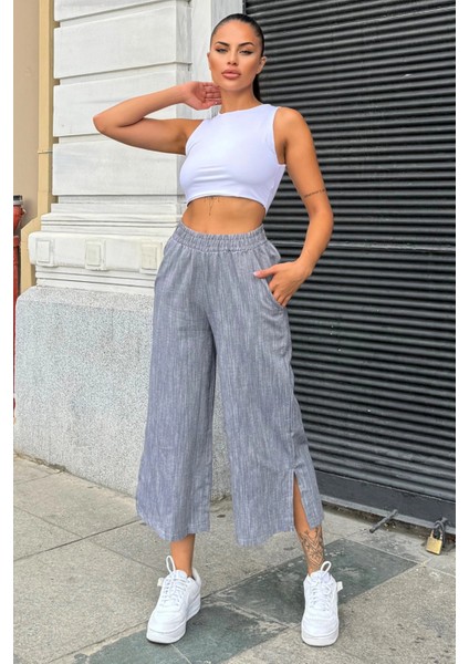 Kadın Siyah Lastikli Yüksek Bel, Cepli, Yırtmaçlı, Geniş Paça, Salaş Keten Kapri Pantolon