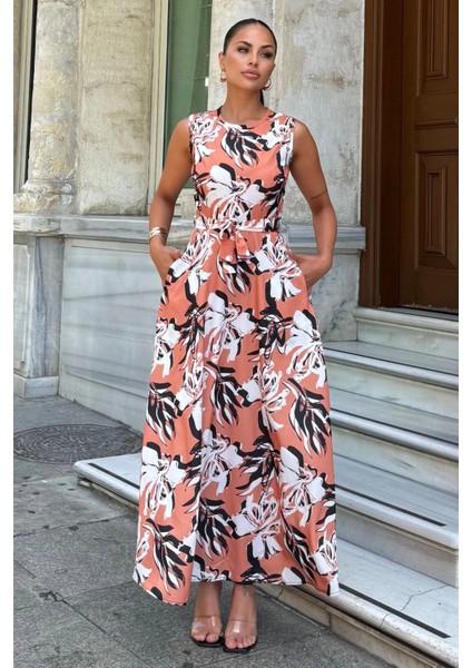 Kadın Somon Çiçek Desenli, Belden Kuşaklı, Şık ve Rahat, A Kesim, Kolsuz Uzun Elbise