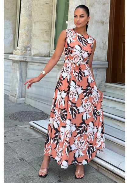 Kadın Somon Çiçek Desenli, Belden Kuşaklı, Şık ve Rahat, A Kesim, Kolsuz Uzun Elbise modelleri