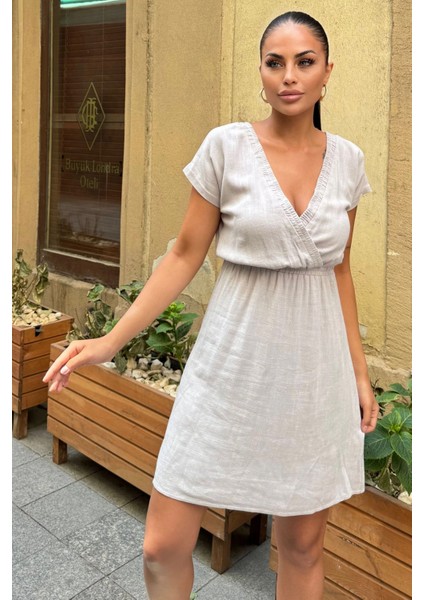 Kadın Gri Sırt Dekolteli, Kruvaze Yaka, Beli Lastikli, Kısa Kollu, Rahat Midi Keten Elbise fiyatları