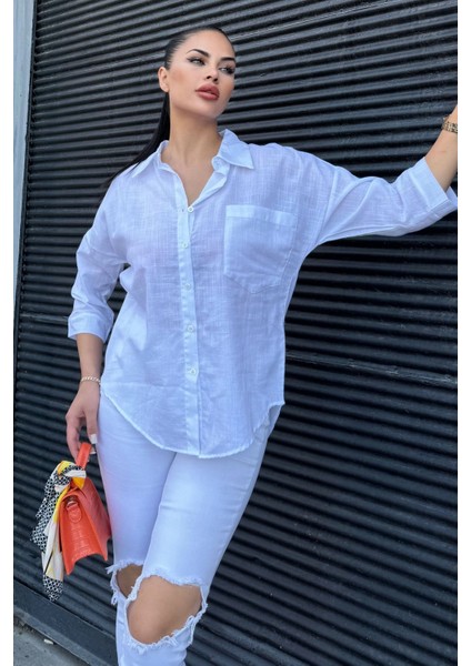 Kadın Beyaz Truvakar Kol, Oval Kesim, Terletmez, Flamlı Keten Salaş Gömlek