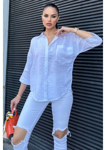 Kadın Beyaz Truvakar Kol, Oval Kesim, Terletmez, Flamlı Keten Salaş Gömlek modelleri