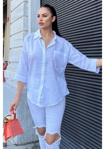 Kadın Beyaz Truvakar Kol, Oval Kesim, Terletmez, Flamlı Keten Salaş Gömlek fırsatları