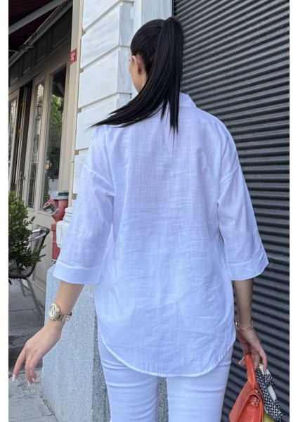 Kadın Beyaz Truvakar Kol, Oval Kesim, Terletmez, Flamlı Keten Salaş Gömlek indirimleri