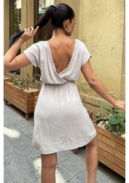Kadın Gri Sırt Dekolteli, Kruvaze Yaka, Beli Lastikli, Kısa Kollu, Rahat Midi Keten Elbise fırsatları