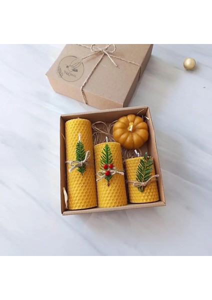 Dekoratif Doğal Petek Balmumu Mum Bal Kabağı Çiçekli Set Bal Mumu Mum