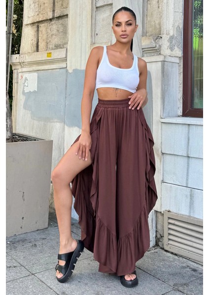 Kahve Bohem Tarz, Yüksel Bel, Derin Yan Yırtmaçlı, Fırfırlı Asimetrik Kesim, Salaş Etek Pantolon modelleri