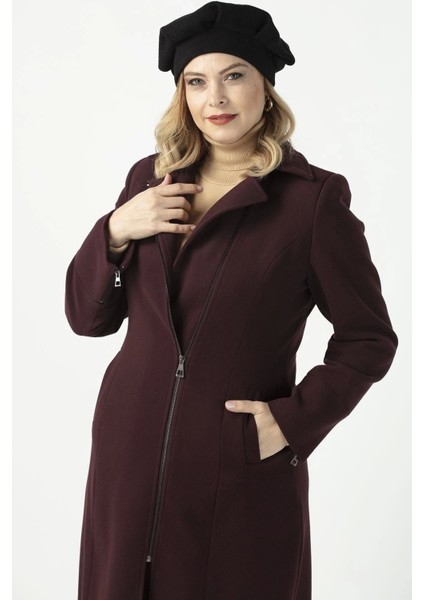 928 Mürdüm Ön Kol Fermuar Detaylı Büyük Beden Kaşe Kaban